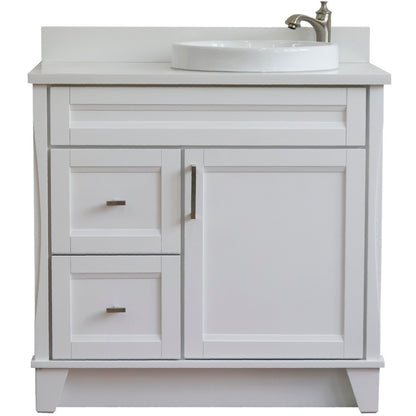 37" Single sink vanity in White finish with White engineered stone and LEFT round sink RIGHT drawers