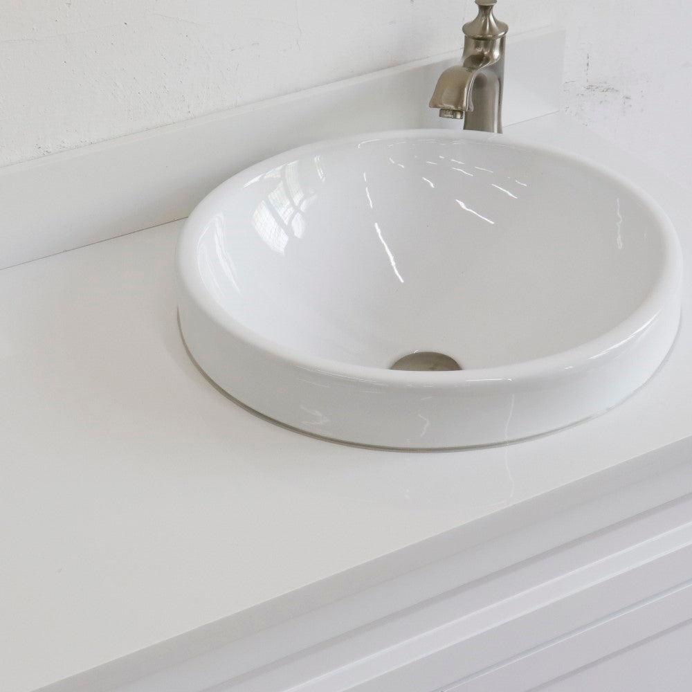 37" Single sink vanity in White finish with White engineered stone and LEFT round sink RIGHT drawers