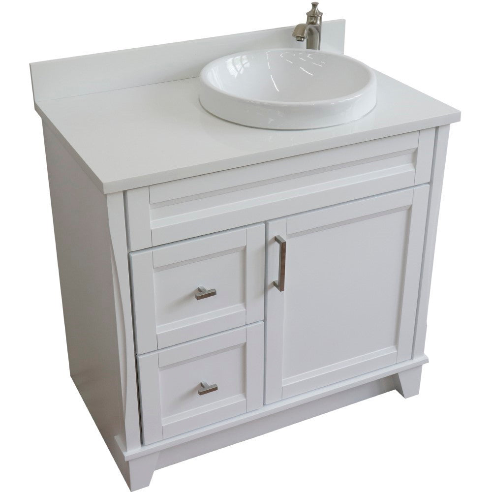37" Single sink vanity in White finish with White engineered stone and LEFT round sink RIGHT drawers