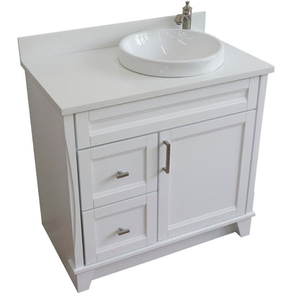 37" Single sink vanity in White finish with White engineered stone and LEFT round sink RIGHT drawers