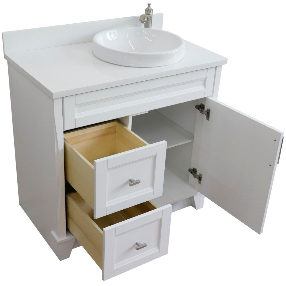 37" Single sink vanity in White finish with White engineered stone and LEFT round sink RIGHT drawers