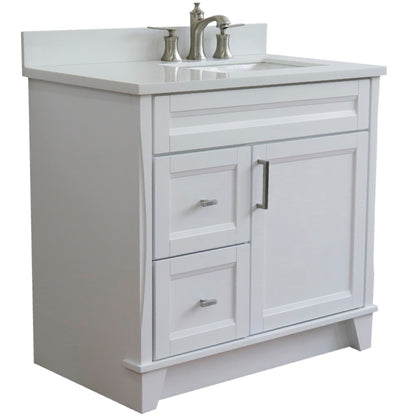 37" Single sink vanity in White finish with White engineered stone and LEFT rectangle sink RIGHT drawers