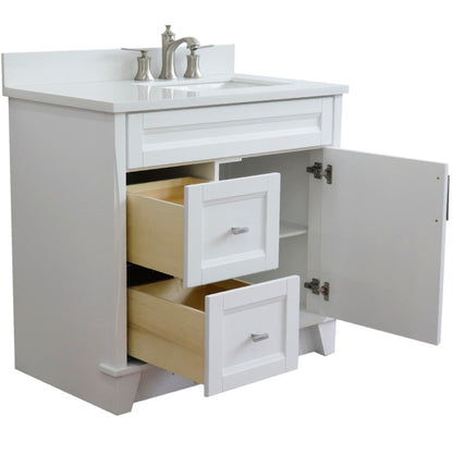 37" Single sink vanity in White finish with White engineered stone and LEFT rectangle sink RIGHT drawers