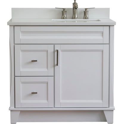 37" Single sink vanity in White finish with White engineered stone and LEFT rectangle sink RIGHT drawers