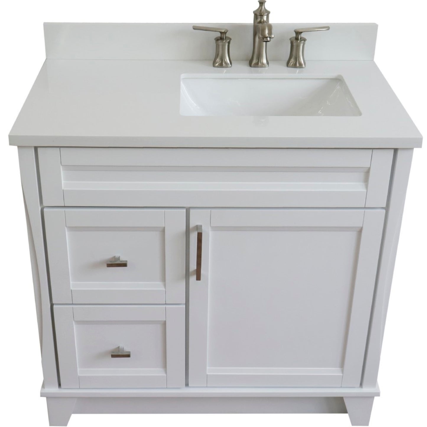 37" Single sink vanity in White finish with White engineered stone and LEFT rectangle sink RIGHT drawers