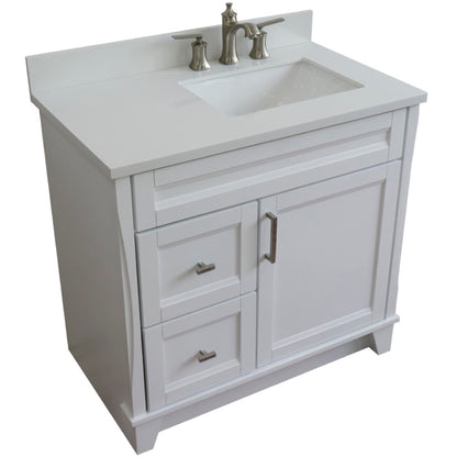 37" Single sink vanity in White finish with White engineered stone and LEFT rectangle sink RIGHT drawers