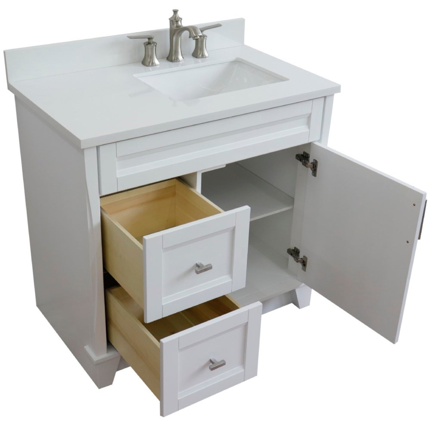 37" Single sink vanity in White finish with White engineered stone and LEFT rectangle sink RIGHT drawers
