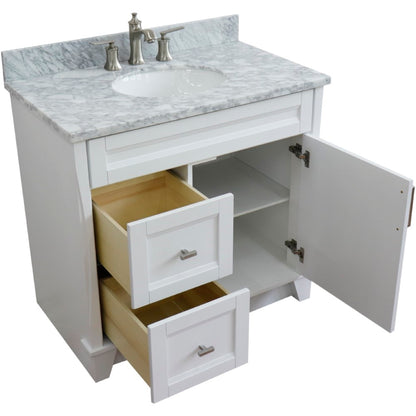 37" Single sink vanity in White finish with White Carrara marble and CENTER oval sink RIGHT drawers
