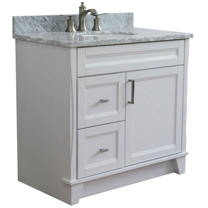 37" Single sink vanity in White finish with White Carrara marble and CENTER oval sink RIGHT drawers