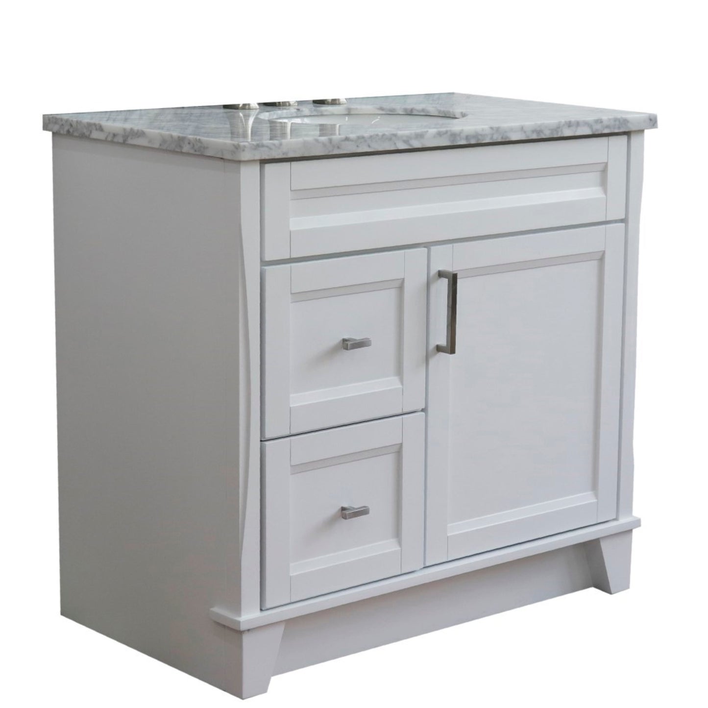 37" Single sink vanity in White finish with White Carrara marble and CENTER oval sink RIGHT drawers