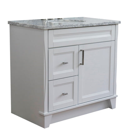 37" Single sink vanity in White finish with White Carrara marble and CENTER oval sink RIGHT drawers