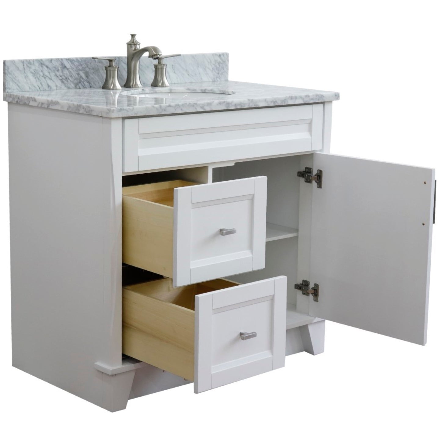 37" Single sink vanity in White finish with White Carrara marble and CENTER oval sink RIGHT drawers