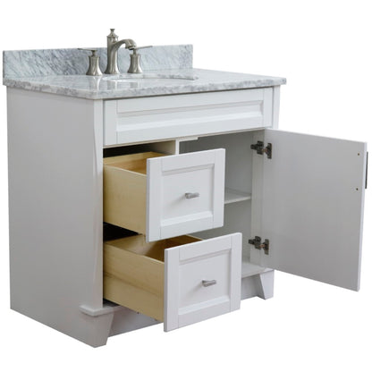 37" Single sink vanity in White finish with White Carrara marble and CENTER oval sink RIGHT drawers