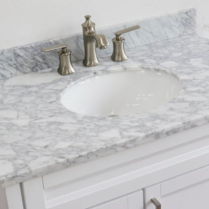 37" Single sink vanity in White finish with White Carrara marble and CENTER oval sink RIGHT drawers