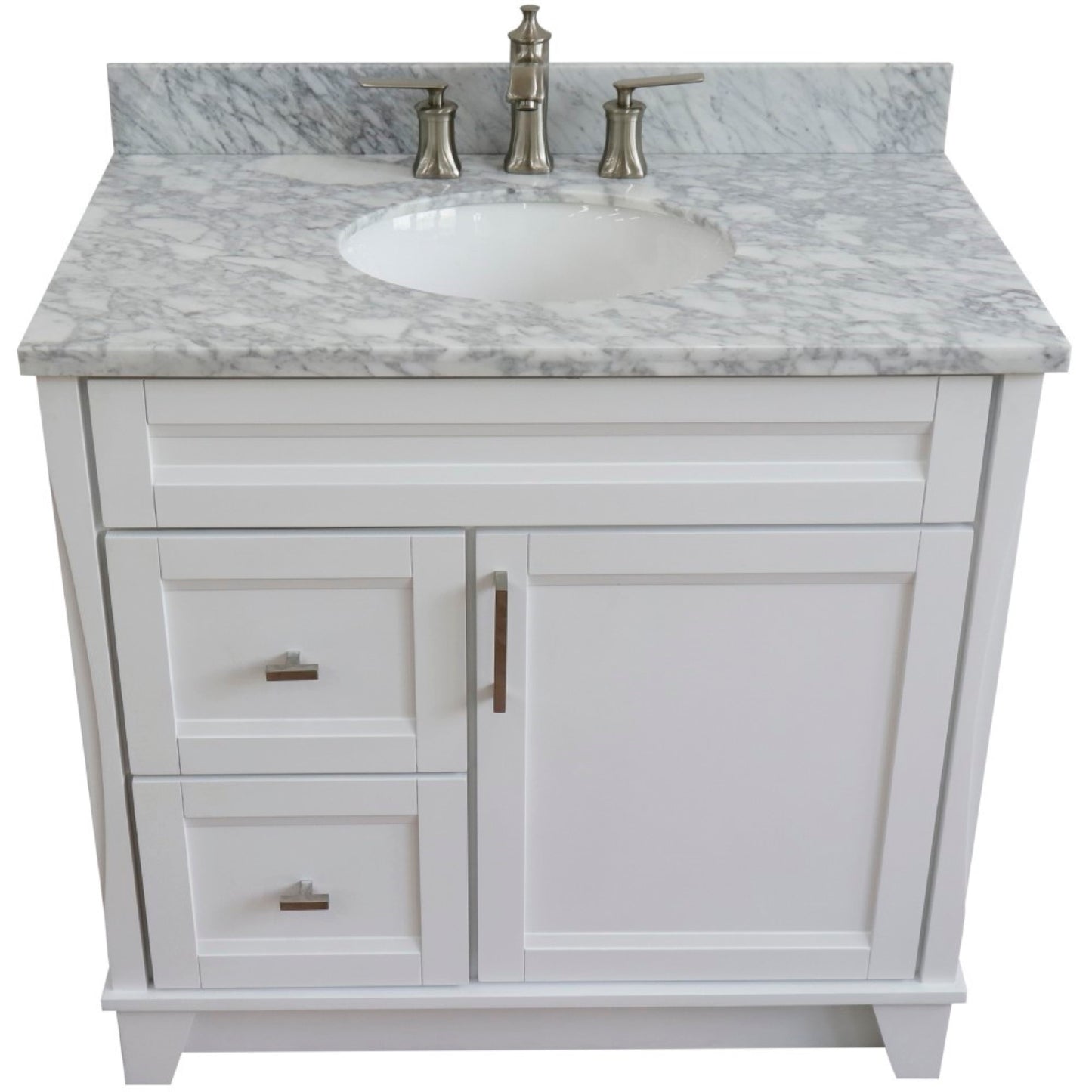 37" Single sink vanity in White finish with White Carrara marble and CENTER oval sink RIGHT drawers