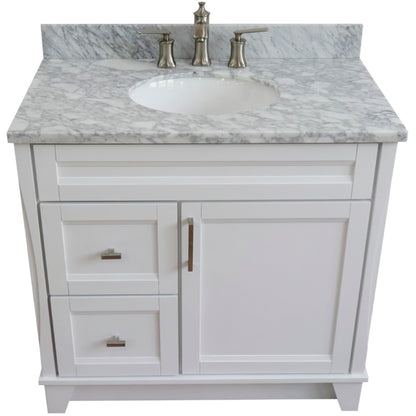 37" Single sink vanity in White finish with White Carrara marble and CENTER oval sink RIGHT drawers