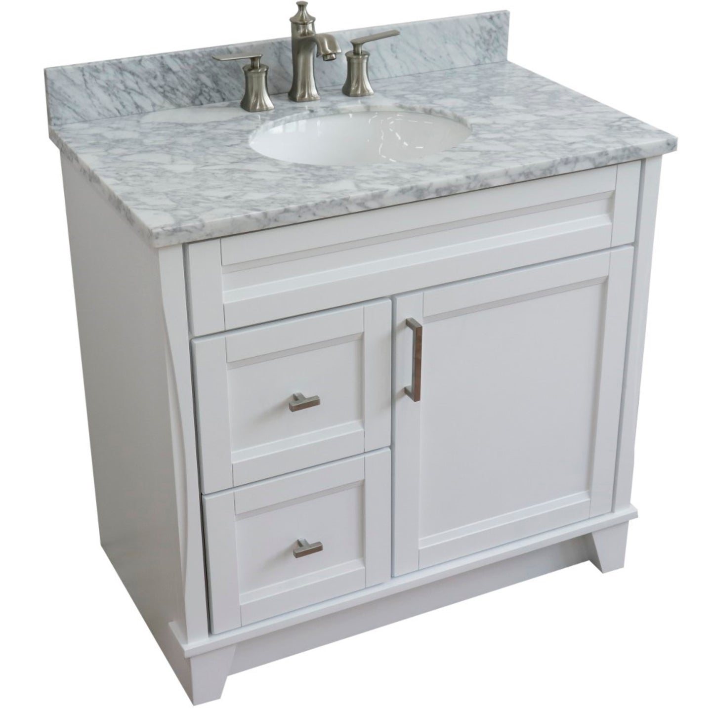 37" Single sink vanity in White finish with White Carrara marble and CENTER oval sink RIGHT drawers