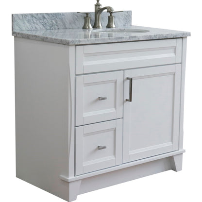 37" Single sink vanity in White finish with White Carrara marble and LEFT oval sink RIGHT drawers
