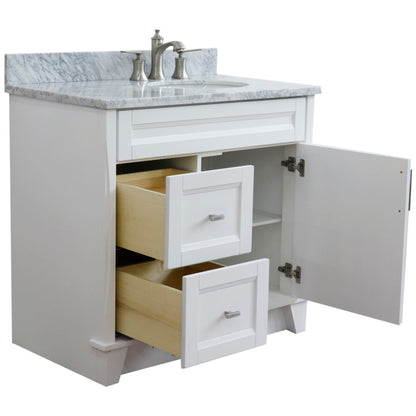 37" Single sink vanity in White finish with White Carrara marble and LEFT oval sink RIGHT drawers