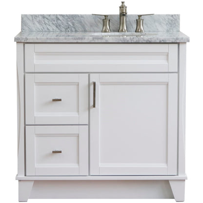 37" Single sink vanity in White finish with White Carrara marble and LEFT oval sink RIGHT drawers