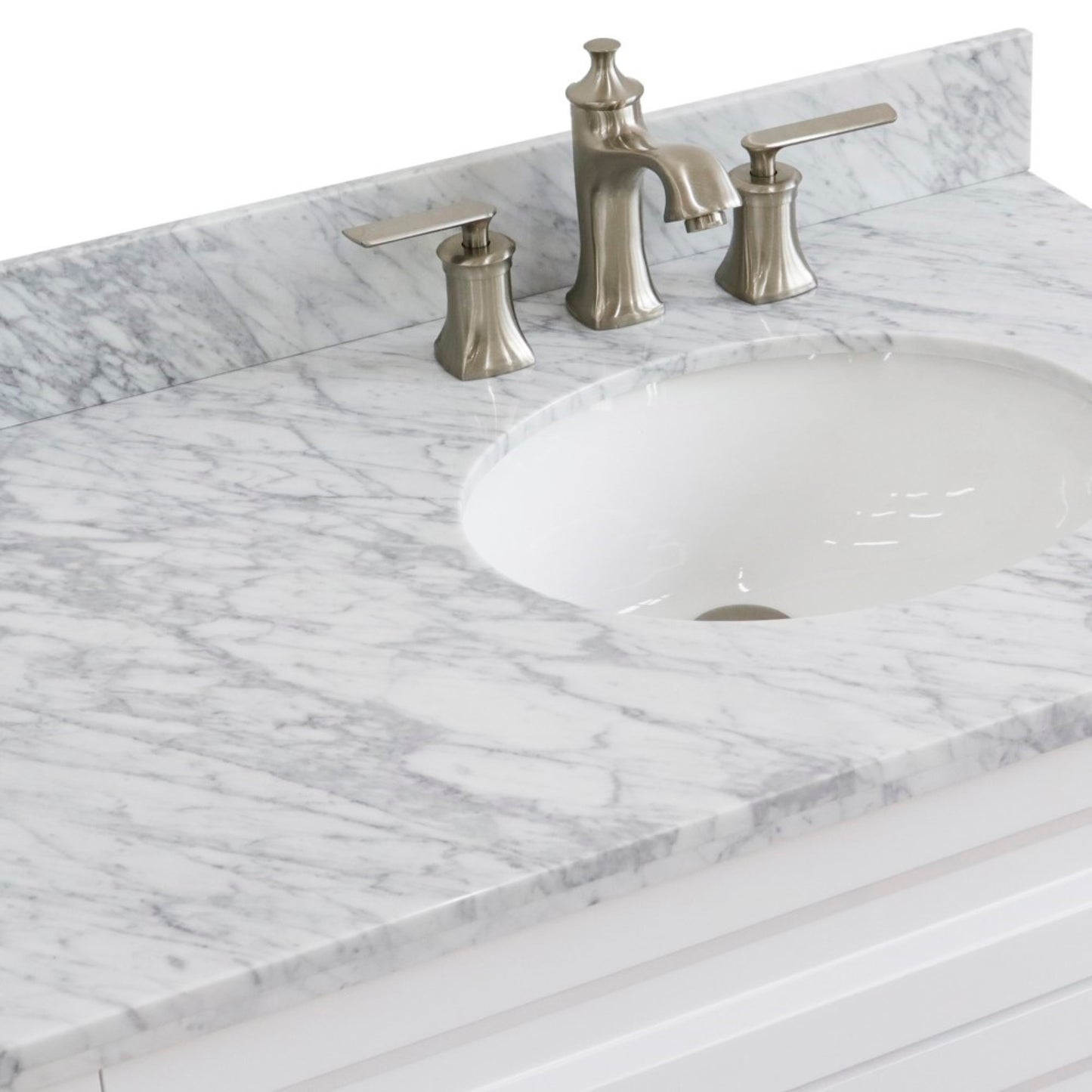 37" Single sink vanity in White finish with White Carrara marble and LEFT oval sink RIGHT drawers