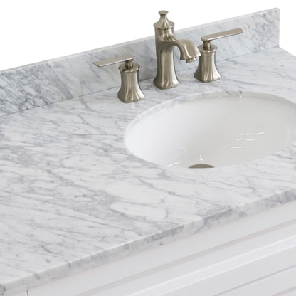 37" Single sink vanity in White finish with White Carrara marble and LEFT oval sink RIGHT drawers