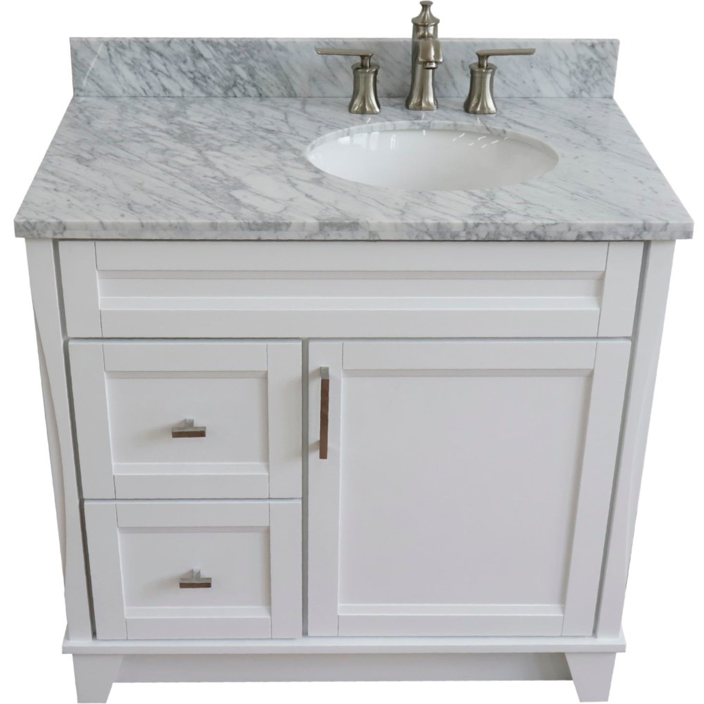 37" Single sink vanity in White finish with White Carrara marble and LEFT oval sink RIGHT drawers