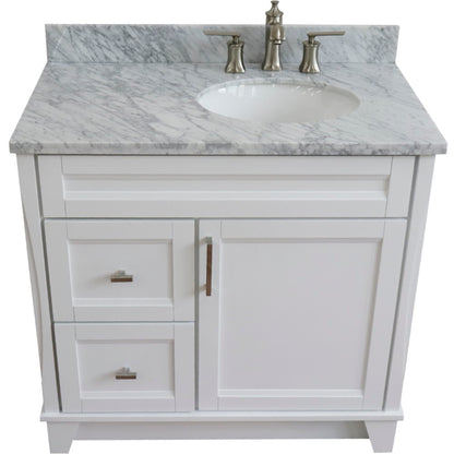 37" Single sink vanity in White finish with White Carrara marble and LEFT oval sink RIGHT drawers