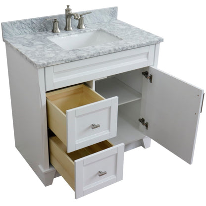 37" Single sink vanity in White finish with White Carrara marble and CENTER rectangle sink RIGHT drawers
