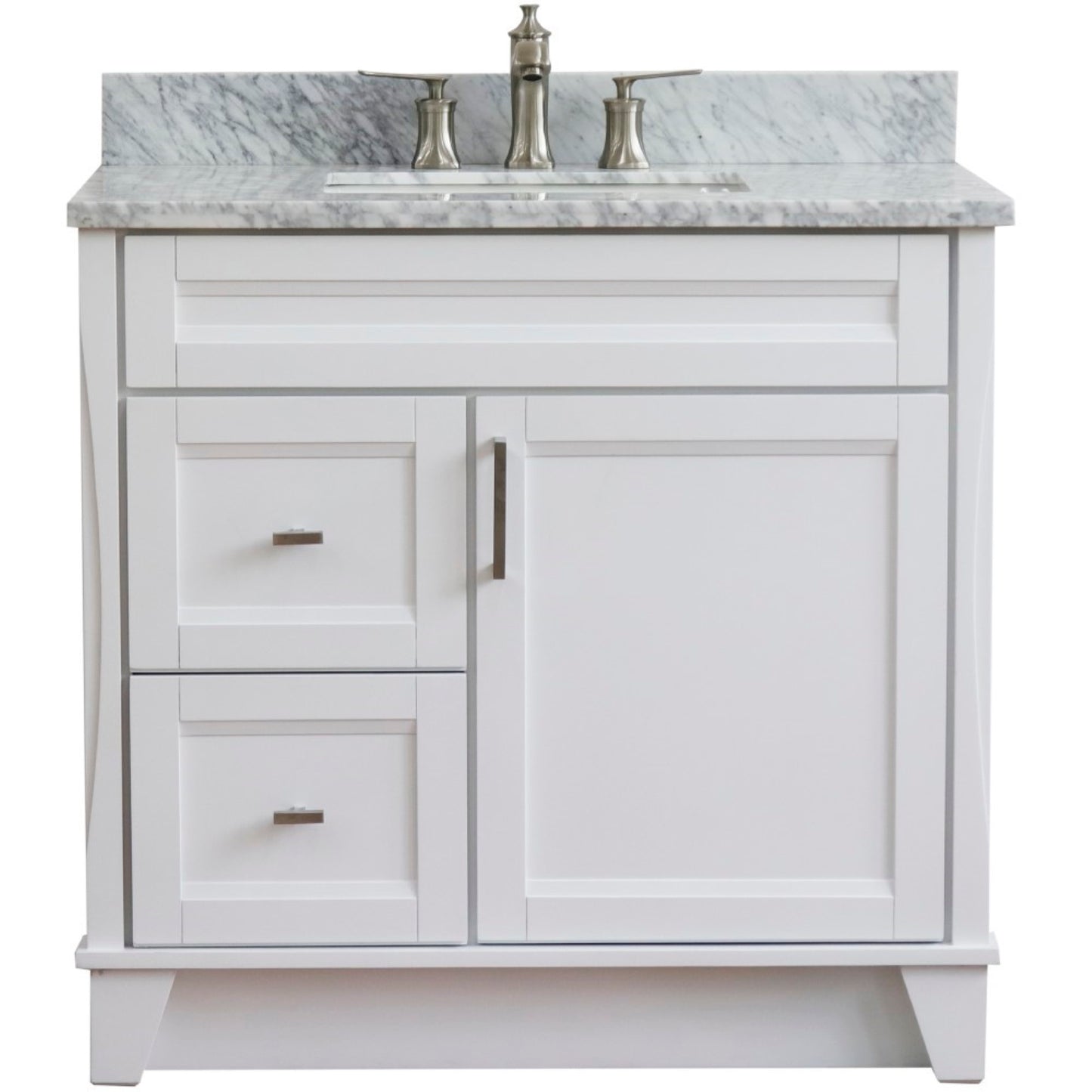37" Single sink vanity in White finish with White Carrara marble and CENTER rectangle sink RIGHT drawers