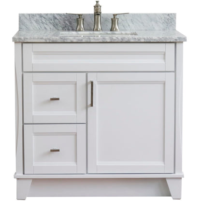 37" Single sink vanity in White finish with White Carrara marble and CENTER rectangle sink RIGHT drawers