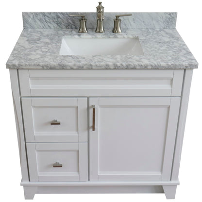 37" Single sink vanity in White finish with White Carrara marble and CENTER rectangle sink RIGHT drawers
