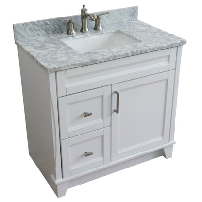 37" Single sink vanity in White finish with White Carrara marble and CENTER rectangle sink RIGHT drawers