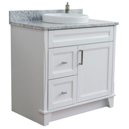 37" Single sink vanity in White finish with White Carrara marble and CENTER round sink RIGHT drawers