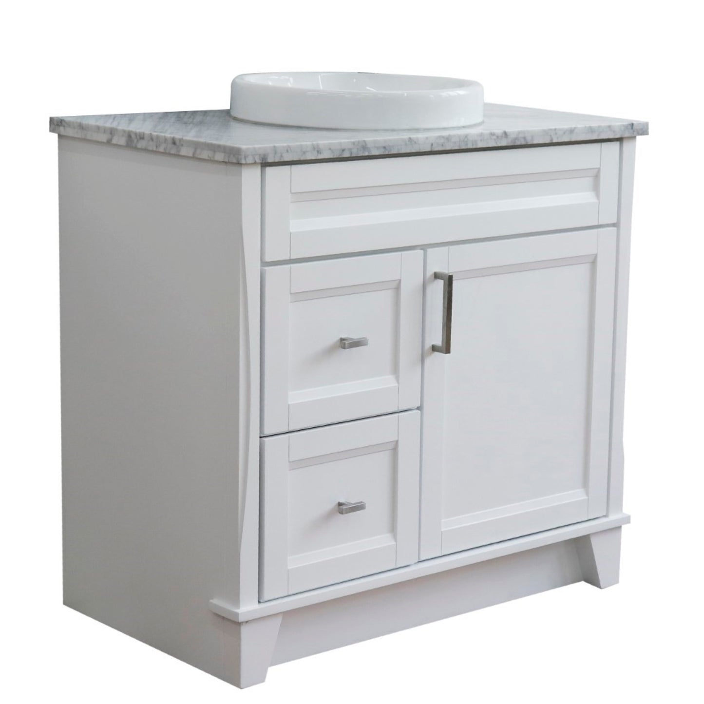 37" Single sink vanity in White finish with White Carrara marble and CENTER round sink RIGHT drawers