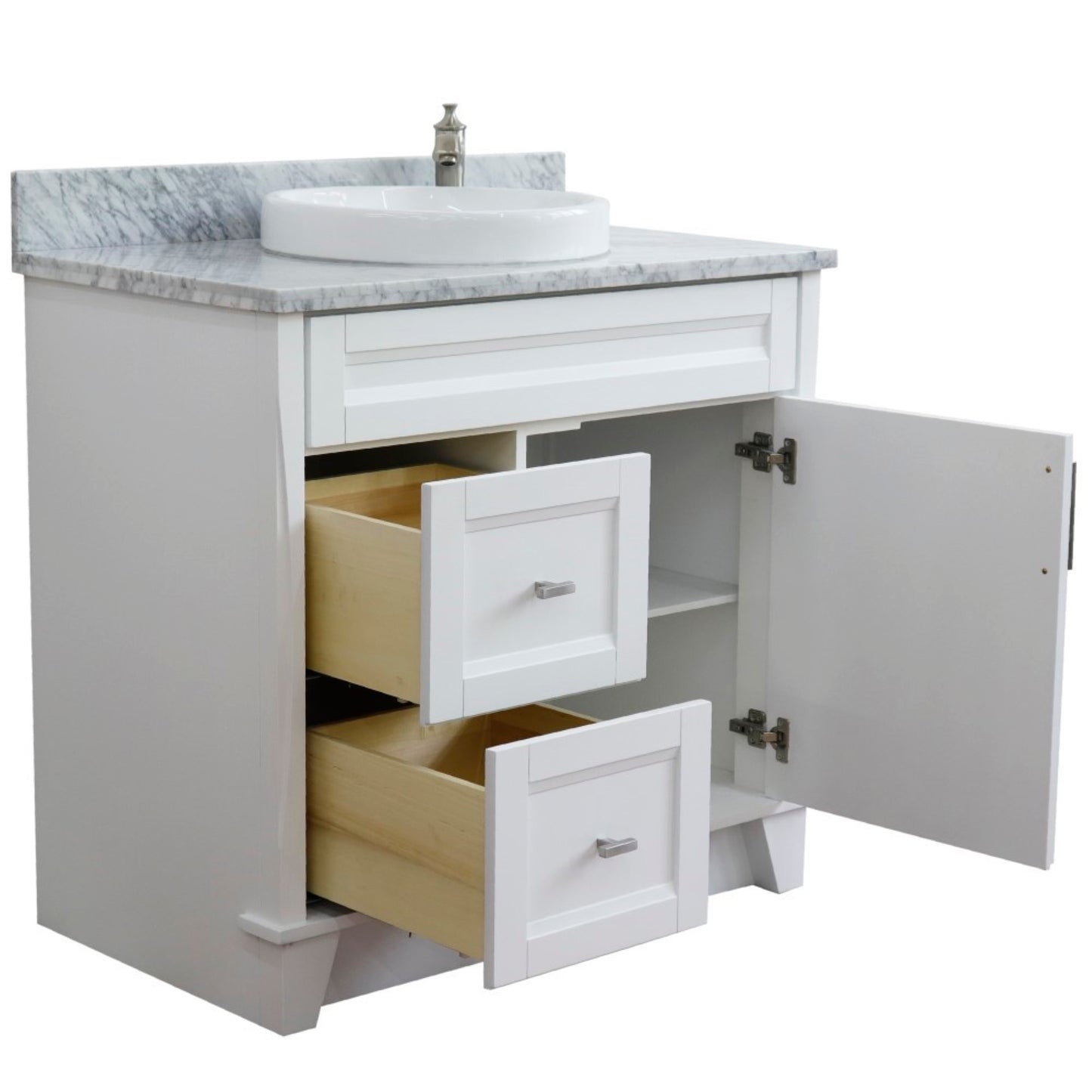 37" Single sink vanity in White finish with White Carrara marble and CENTER round sink RIGHT drawers