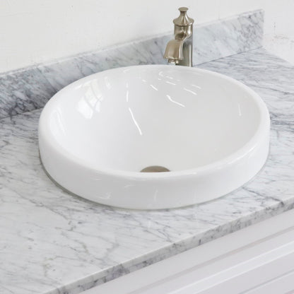 37" Single sink vanity in White finish with White Carrara marble and CENTER round sink RIGHT drawers