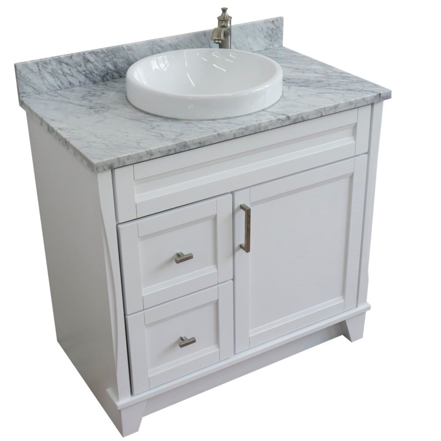 37" Single sink vanity in White finish with White Carrara marble and CENTER round sink RIGHT drawers