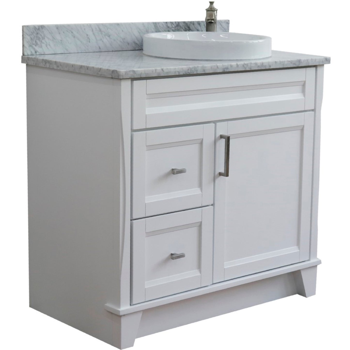 37" Single sink vanity in White finish with White Carrara marble and LEFT round sink RIGHT drawers
