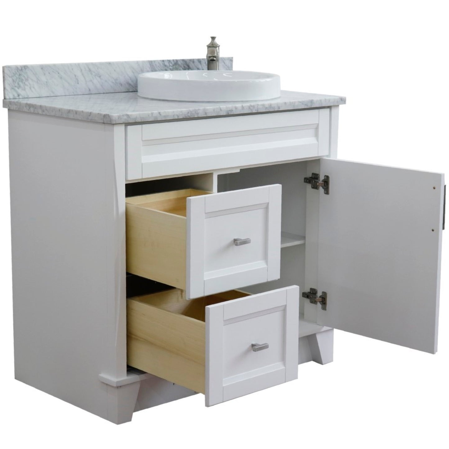 37" Single sink vanity in White finish with White Carrara marble and LEFT round sink RIGHT drawers