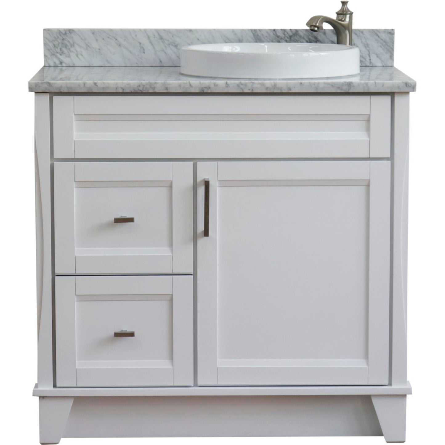 37" Single sink vanity in White finish with White Carrara marble and LEFT round sink RIGHT drawers