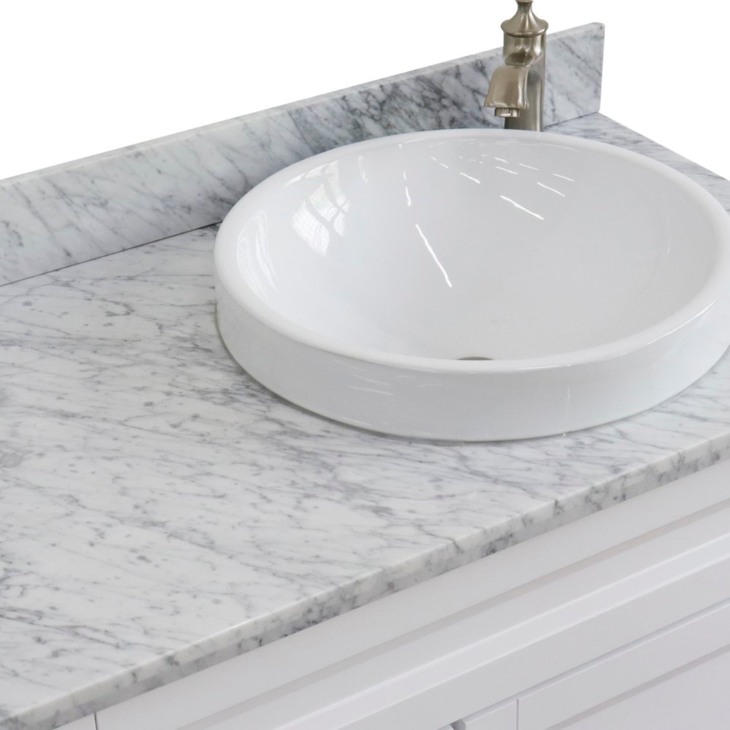 37" Single sink vanity in White finish with White Carrara marble and LEFT round sink RIGHT drawers