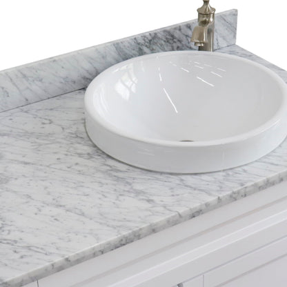 37" Single sink vanity in White finish with White Carrara marble and LEFT round sink RIGHT drawers