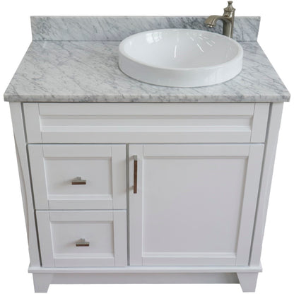 37" Single sink vanity in White finish with White Carrara marble and LEFT round sink RIGHT drawers