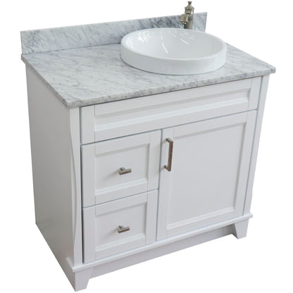 37" Single sink vanity in White finish with White Carrara marble and LEFT round sink RIGHT drawers
