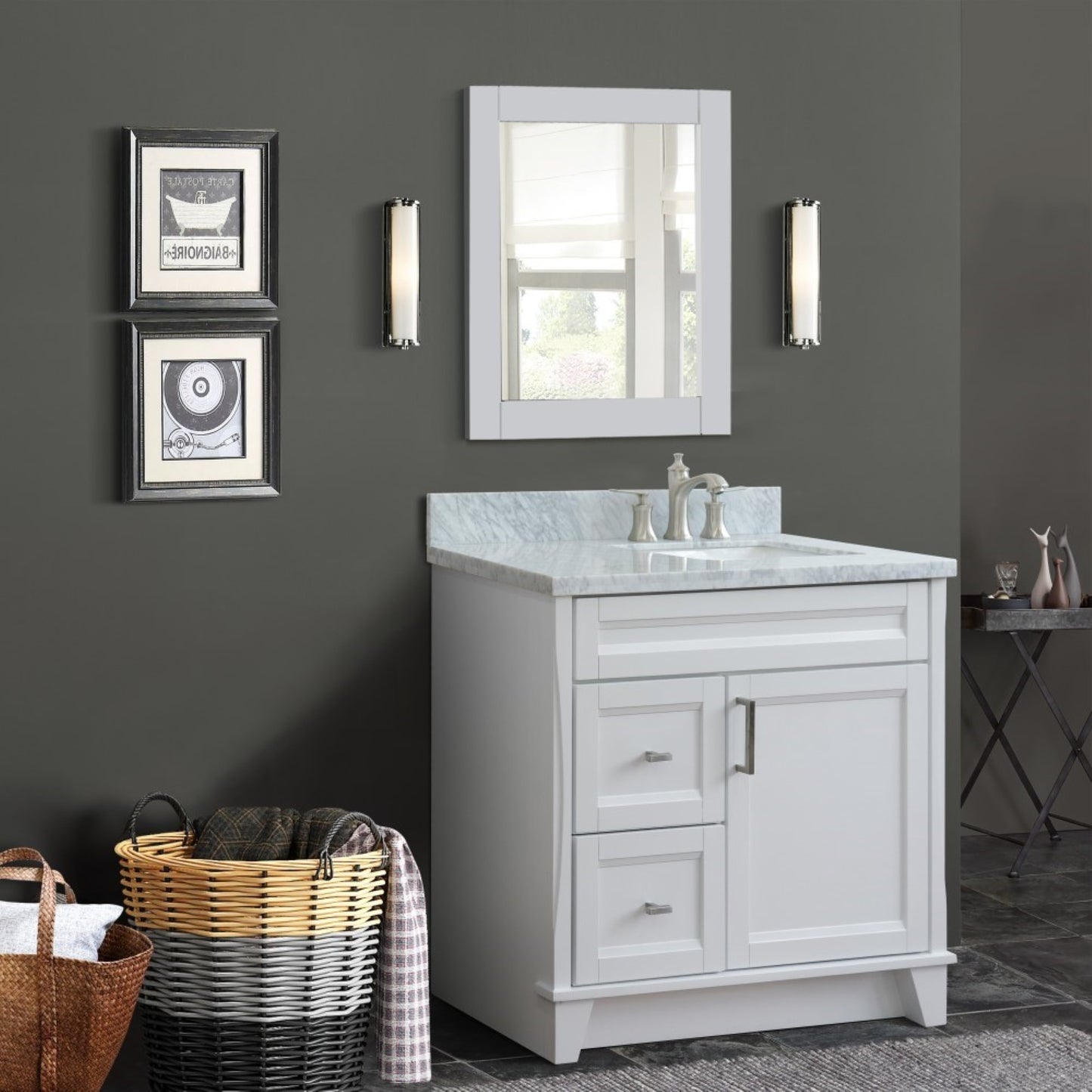 37" Single sink vanity in White finish with White Carrara marble and LEFT rectangle sink RIGHT drawers