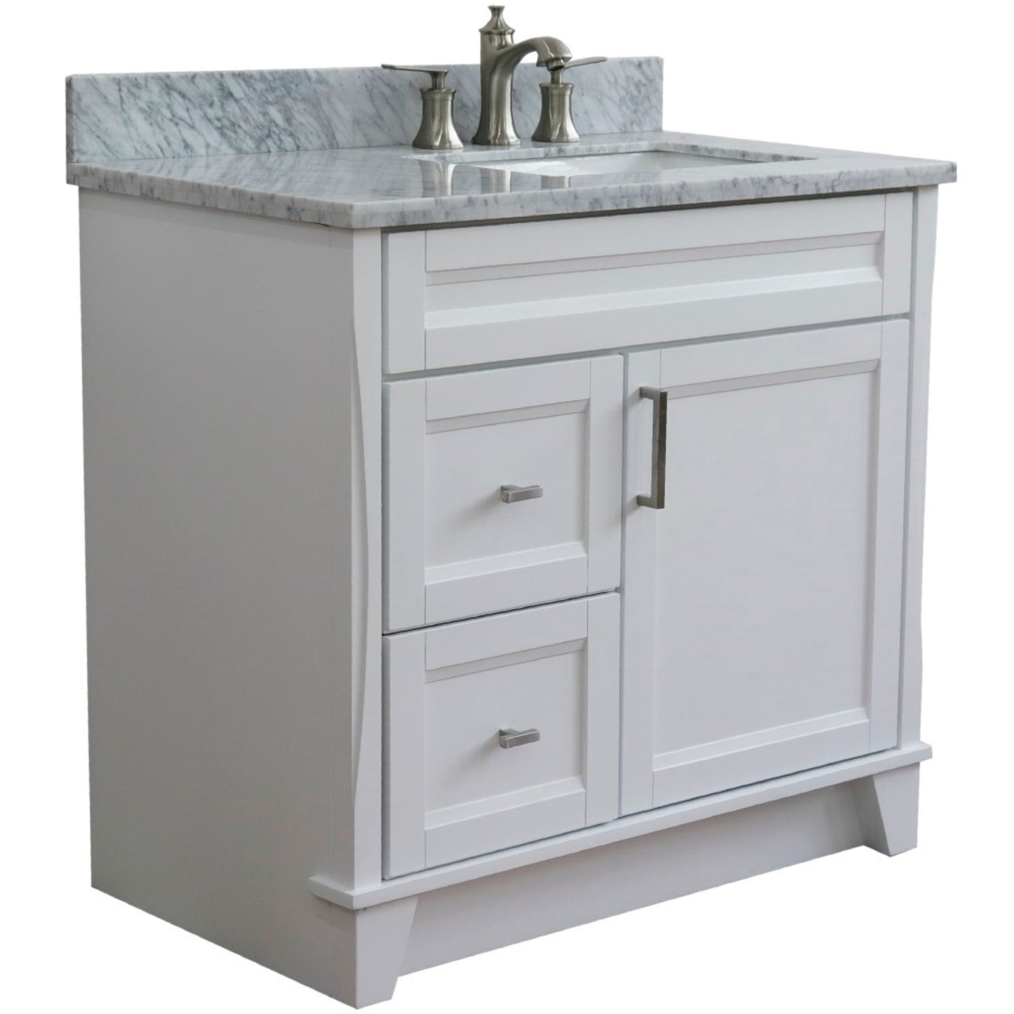 37" Single sink vanity in White finish with White Carrara marble and LEFT rectangle sink RIGHT drawers