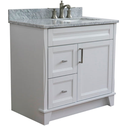 37" Single sink vanity in White finish with White Carrara marble and LEFT rectangle sink RIGHT drawers
