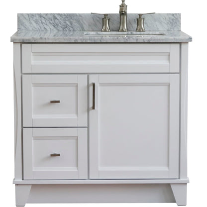 37" Single sink vanity in White finish with White Carrara marble and LEFT rectangle sink RIGHT drawers