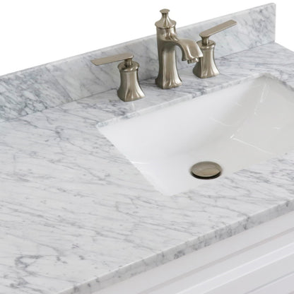 37" Single sink vanity in White finish with White Carrara marble and LEFT rectangle sink RIGHT drawers